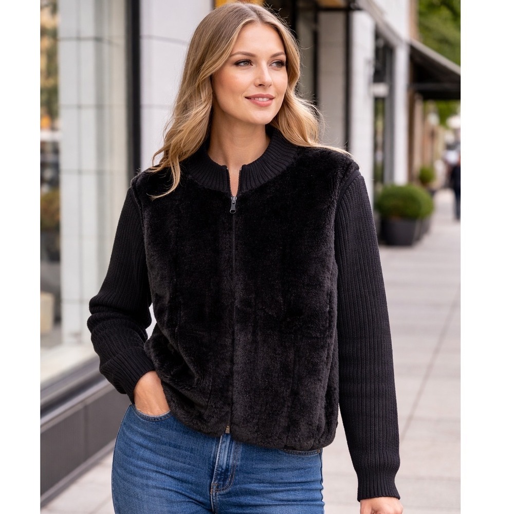 Fiorlini International Vintage Black Faux‎ Fur Ribbed Knit Zip Up Cardigan Large